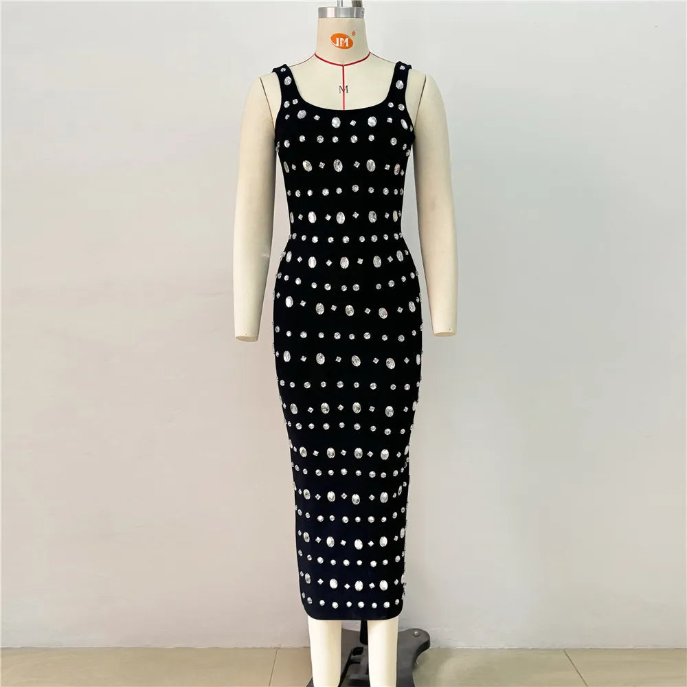 High Quality Big Crystal Women Sleeveless Sexy O-Neck Bodycon Long Bandage Dress Fashion Evening Party Cocktail Dress Vestido