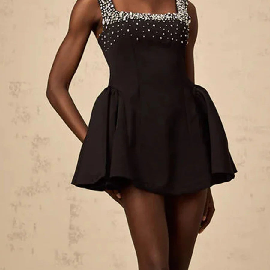 Solid Slimming Fashion Dresses for Women Square Neck Sleeveless Patchwork Diamonds Tunic Dress Female Clothing New