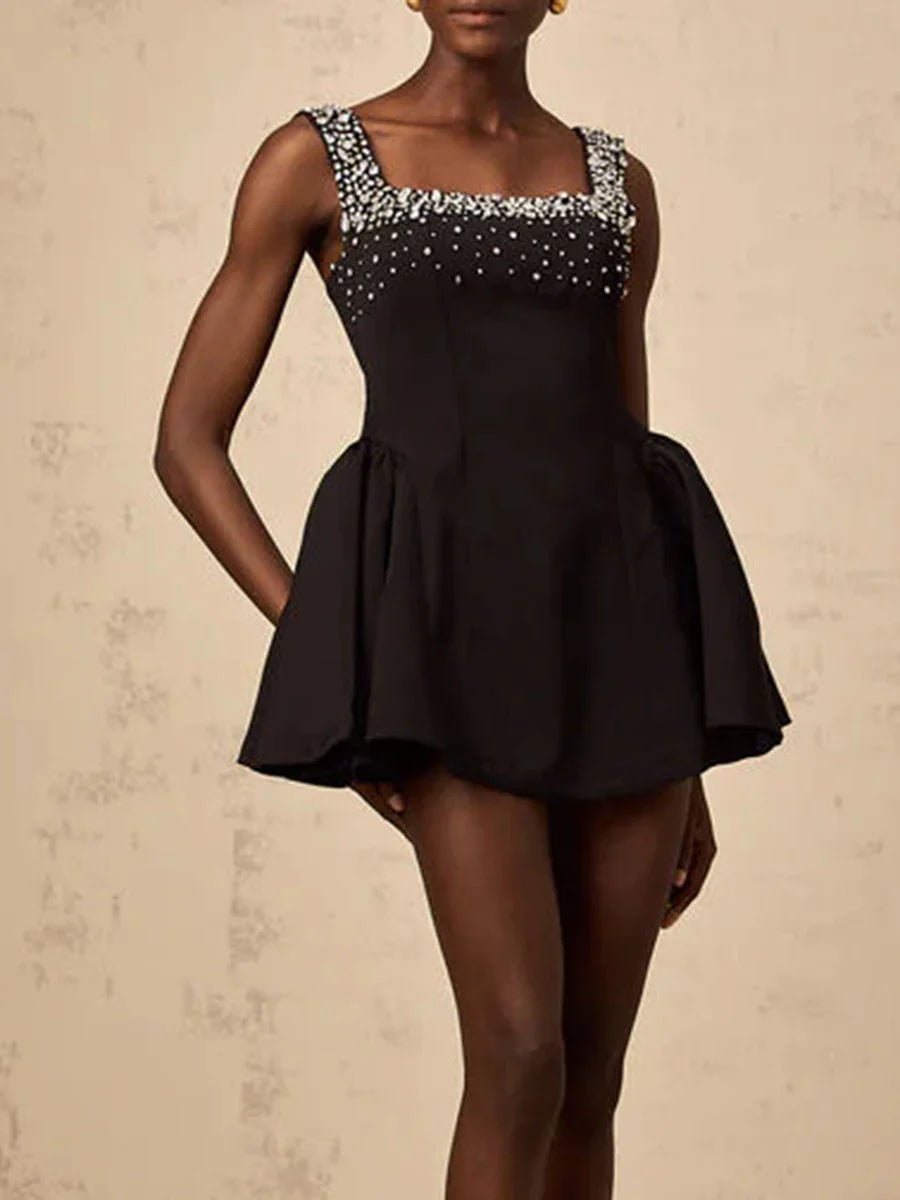 Solid Slimming Fashion Dresses for Women Square Neck Sleeveless Patchwork Diamonds Tunic Dress Female Clothing New