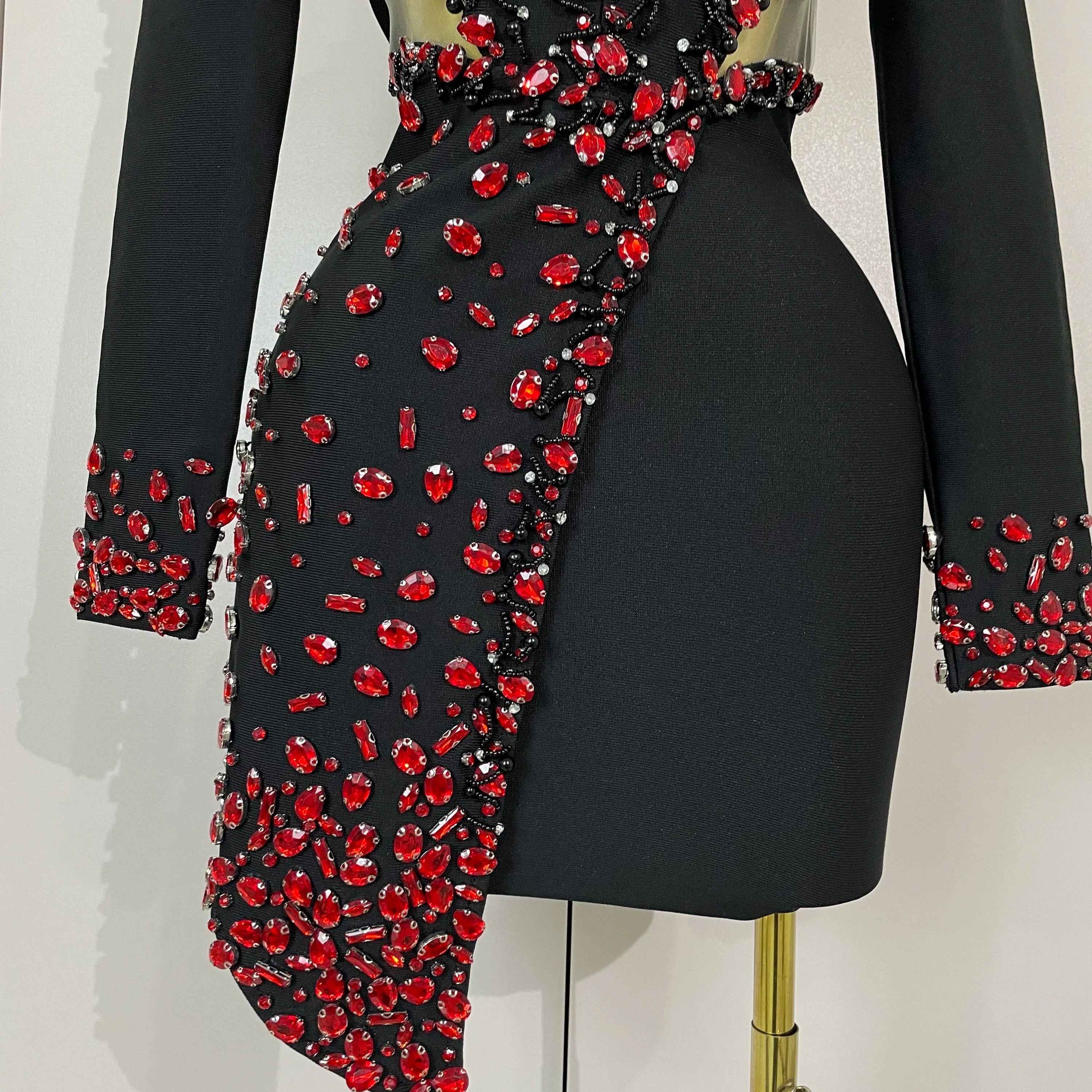 Women Celebrity Sexy Long Sleeve V Neck Rhinestone Black Bandage Dress 2025 Elegant Evening Club Luxury Birthday Party Dresses