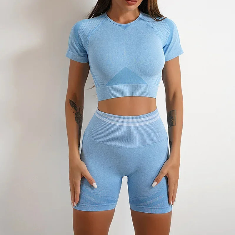 Seamless Yoga Sets Sports Fitness Peach Hip-lifting Shorts Beauty Back Short-Sleeved Suits Workout Gym Leggings Set for Women Lake Blue1