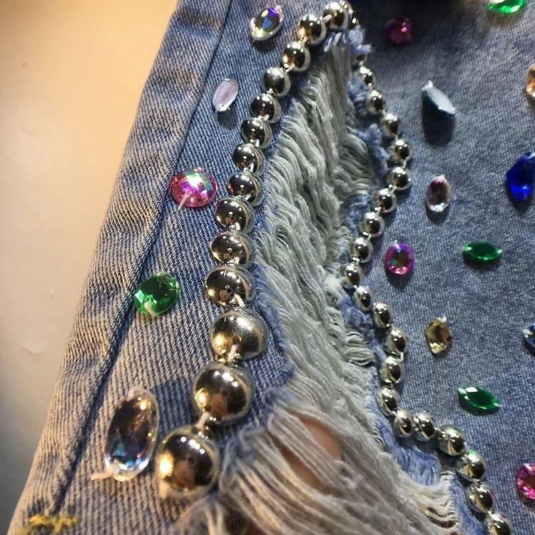 Diamond Beaded Denim Knee Length pants Woman Summer New Loose High Waist Slimming mid-pants Jeans women