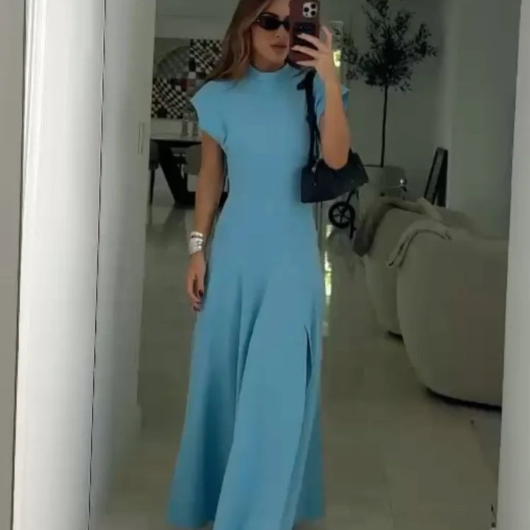 Chic Shoulder Pad Round Neck Solid Maxi Dress Women Elegant Sleeveless A-line Long Dresses 2024 Lady Fashion High Street Robes