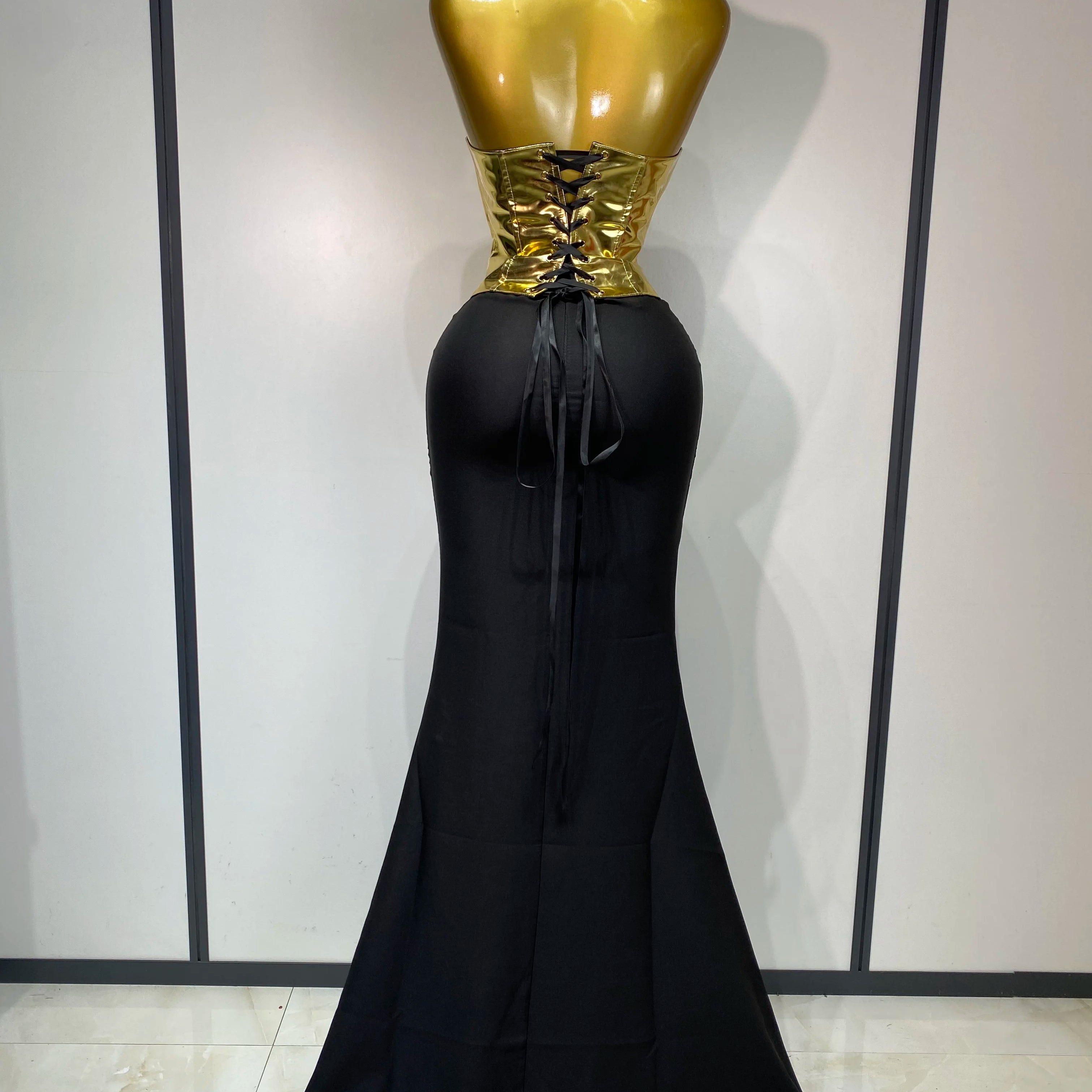 High Quality Women Sexy Strapless Gold Two Piece Set Celebrity Elegant Evening Party Maxi Skirt Suit Luxury Birthday Club Gown
