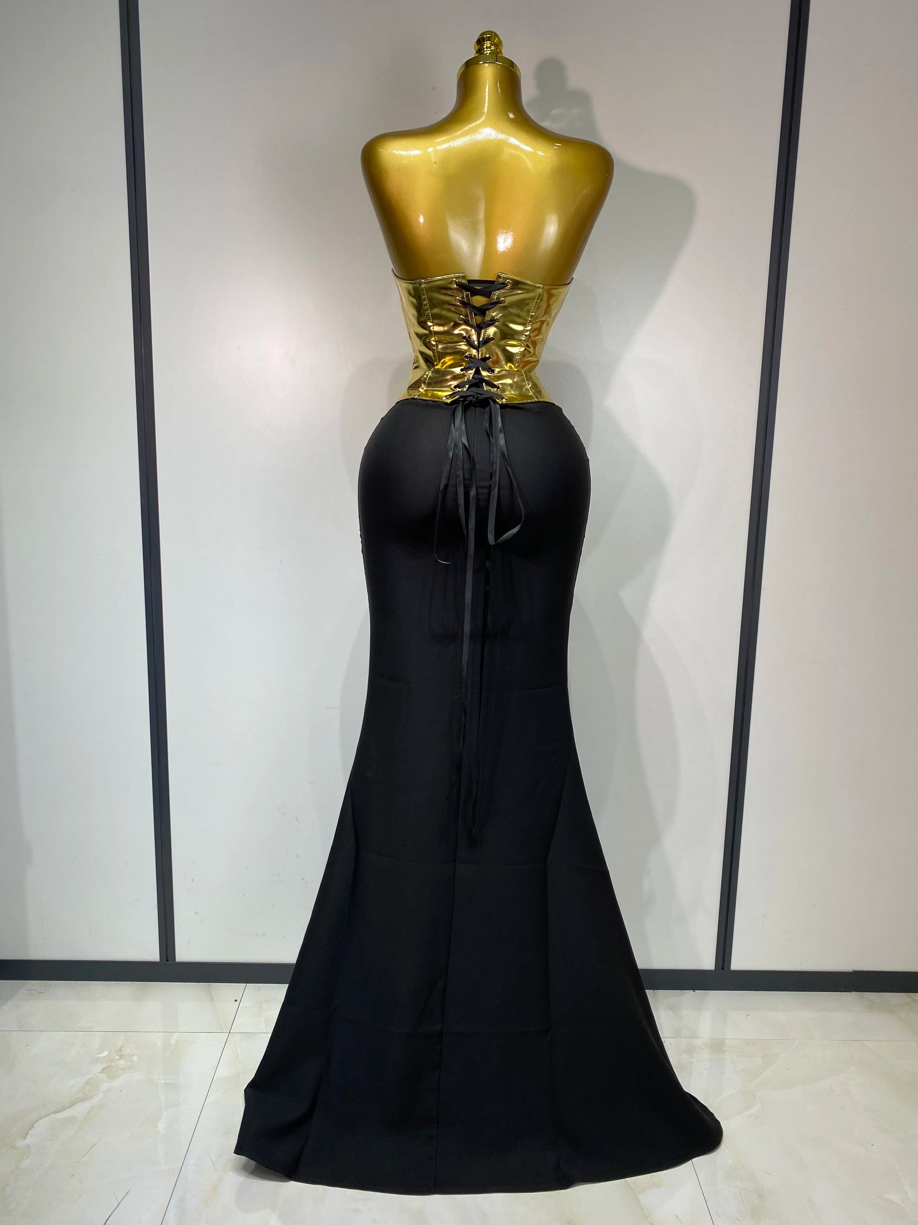 High Quality Women Sexy Strapless Gold Two Piece Set Celebrity Elegant Evening Party Maxi Skirt Suit Luxury Birthday Club Gown