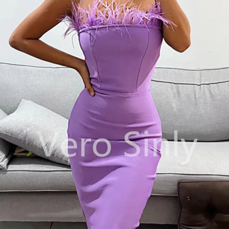 Summer Sexy Strapless Backless Feather Black Midi Women Bodycon Bandage Dress Designer Fashion Party Club Dress Vestido