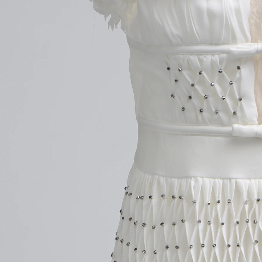 TWOTWINSTYLE Solid Spliced Appliques Elegant Dresses for Women Deep V Neck Sleeveless Patchwork Folds Dress Female Fashion New