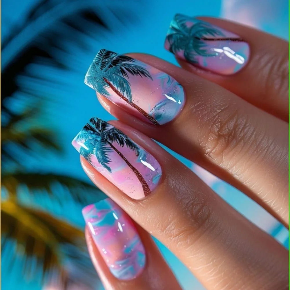 24Pcs Holiday Style Square Fake Nail Powder Blue Gradient with Coconut Tree Pattern Press on False Nail Wearable French Nail Tip