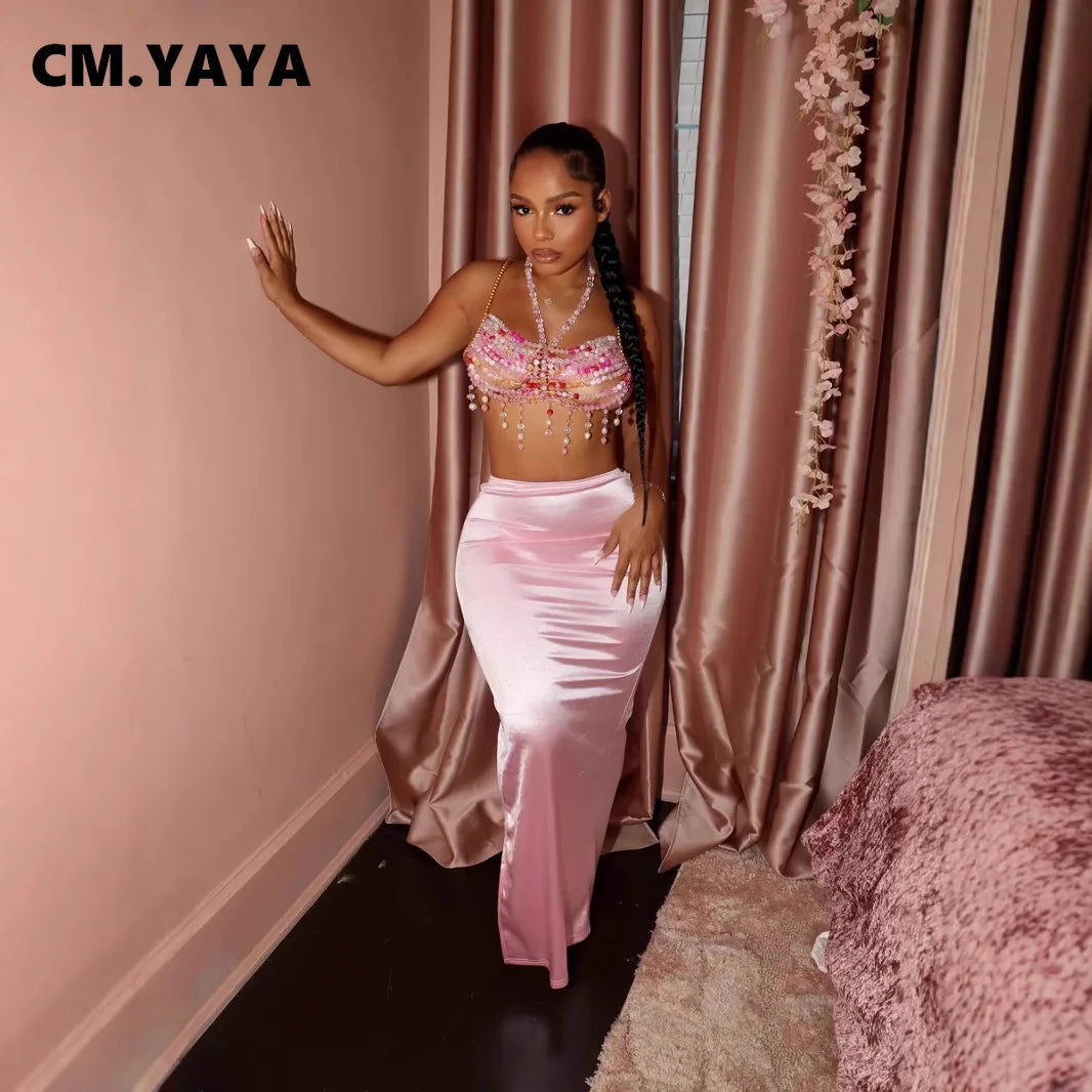 CM.YAYA Vintage Women Satin Bodycon Long Pencil Maxi Long Skirt 2025 Summer Sweet Holiday Beach Street INS Fashion OL Skirts