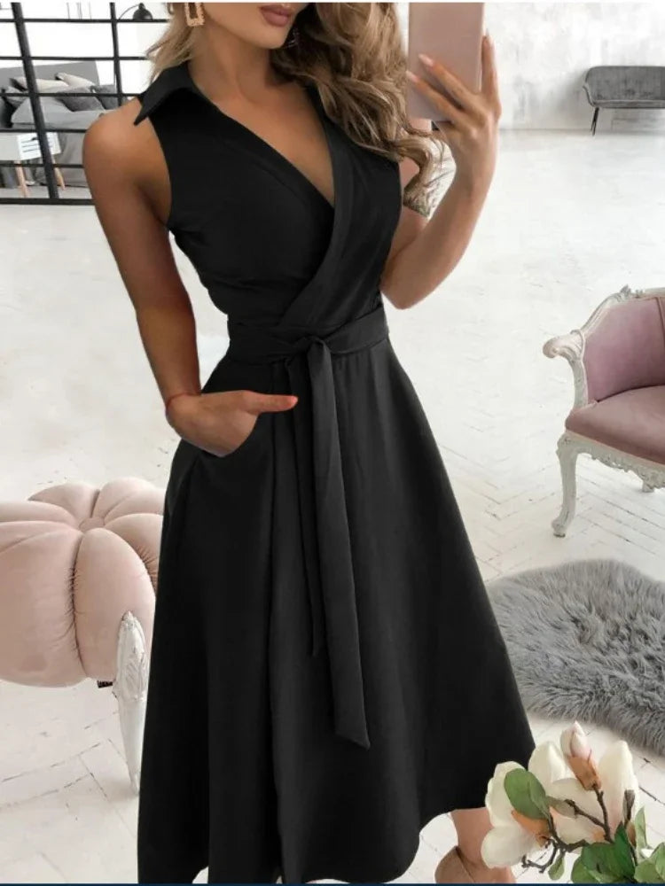 Elegant Chic Shirt Dress Summer New Fashion Sleeveless Sexy Dress V-neck Buttock Dress for Women Office Ladies Party Sundress black