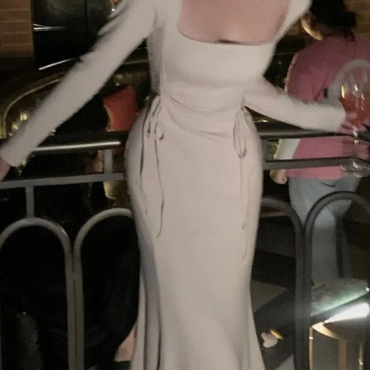 Fashion Women Midi Bodycon Dress Autumn New Drawstring Casual Slim Elegant Party Vestidos Female Chic Prom Birthday Long Robe