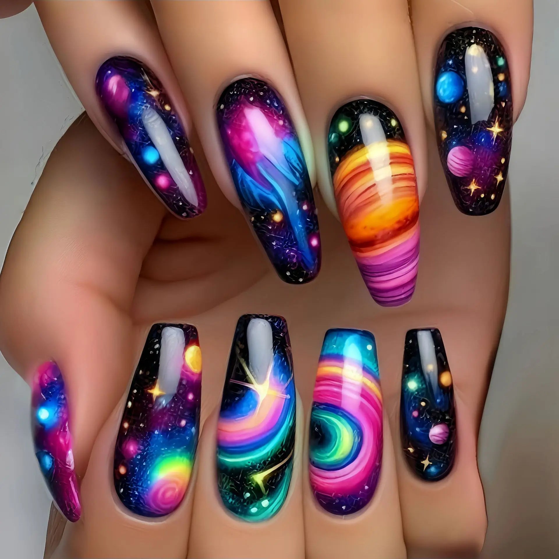 24pcs Romantic Sky Press on Nail Pink Purple Gradient Starry Sky False Nails Wearable European Square Head Fake Nails for Women