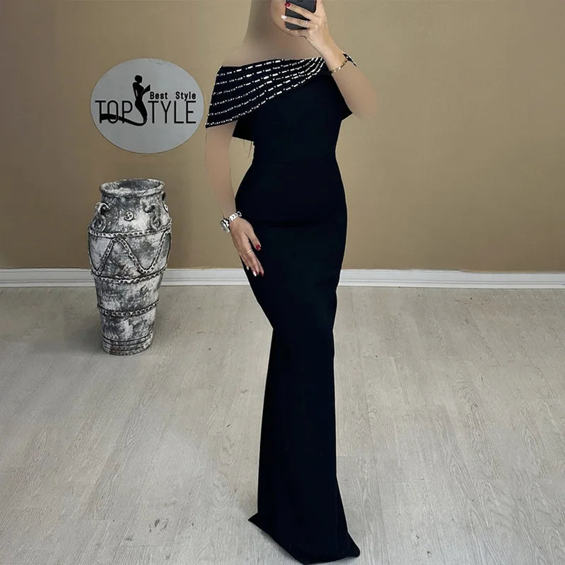 Black Women Sexy Slash Meck Off the Shoulder Shinning Crystal Bodycon Long Bandage Dress Elegant Evening Party Dress