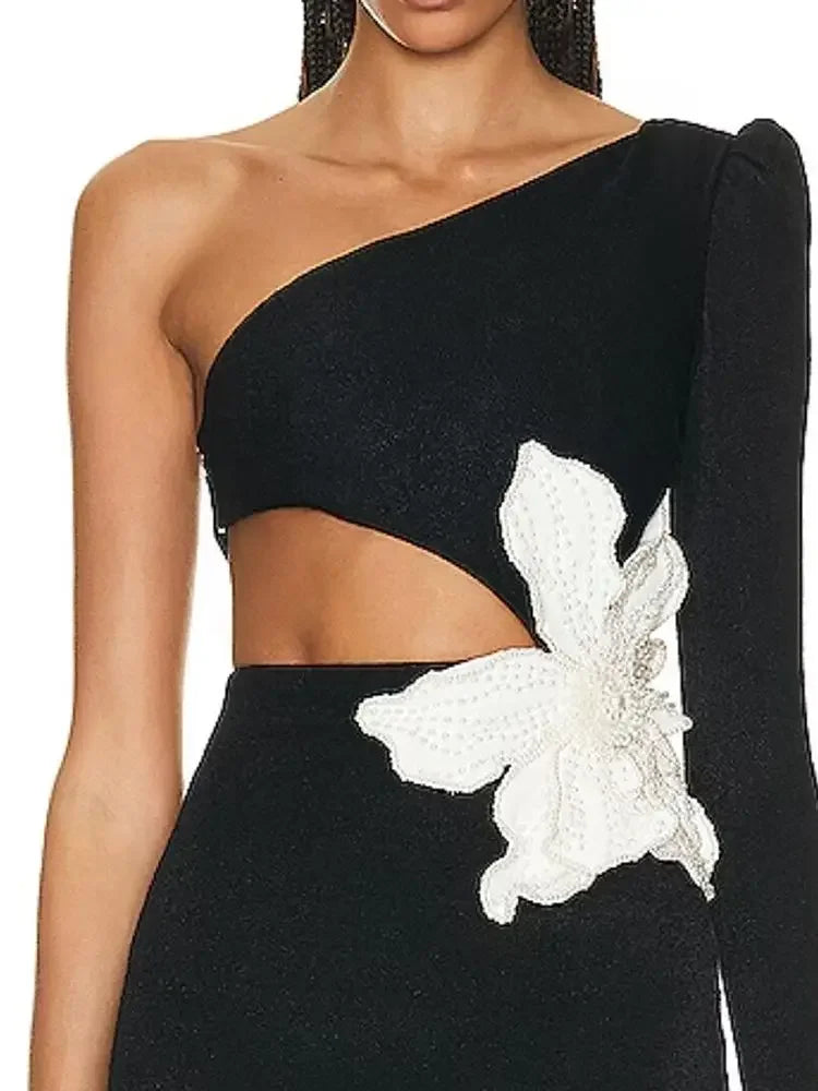 Autumn Women's Sexy One Shoulder Long Sleeve Hollow Out Flower Bandage Midi Dress Bodycon Celebrity Party Evening Dress