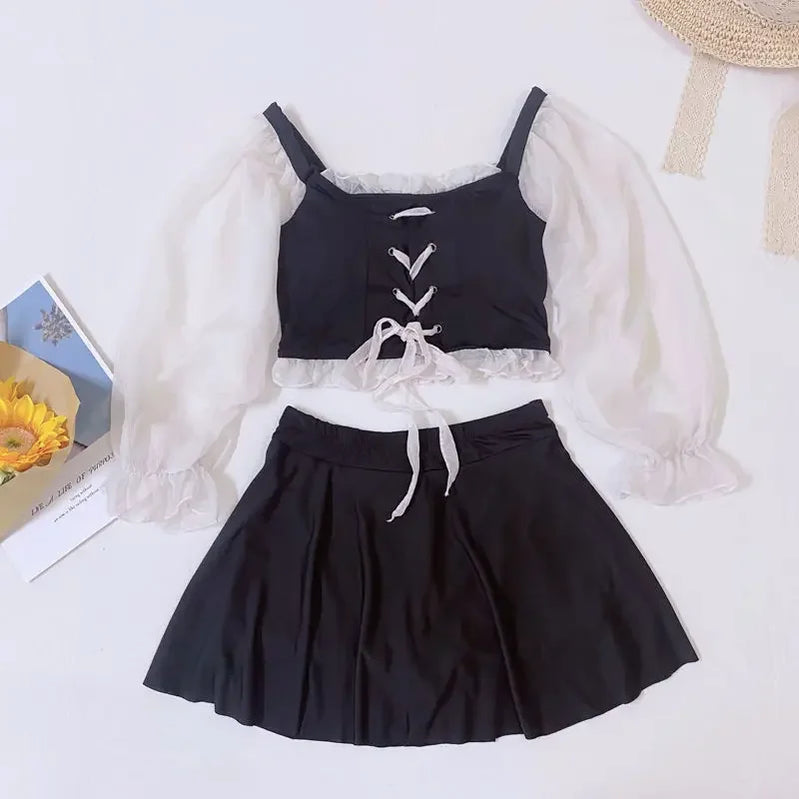 New Korean 2 Pieces Swimsuit Women Short Skirt Net Bikini Band Hollowed Out Bikini Bow High Waisted Bikini Swimwear