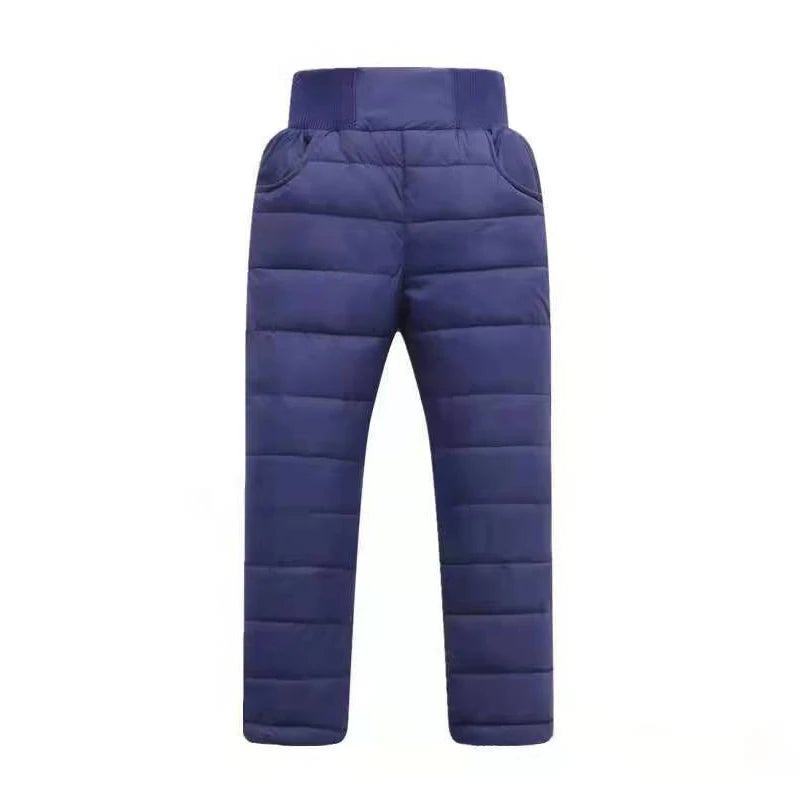 Casual Girl Boy Winter Pants Cotton Padded Thick Warm Trousers Waterproof Ski Pants 10 Years Elastic High Waisted Baby Kid Pant navy blue