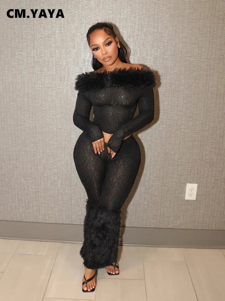 CM.YAYA 2025 Spring Women's Set Long Sleeve Fur Slash Neck T-shirt + Pants Sexy Streetwear Two 2 Piece Sets Outfits Tracksuit