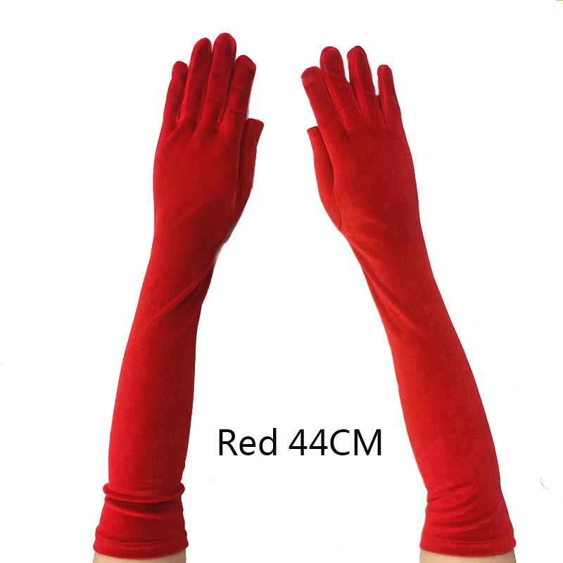 53CM Women Golden Velvet Long Autumn Winter Warm Black Evening Dress Etiquette Gloves Retro Style Banquet Accessories Elasticity red 44cm One Size
