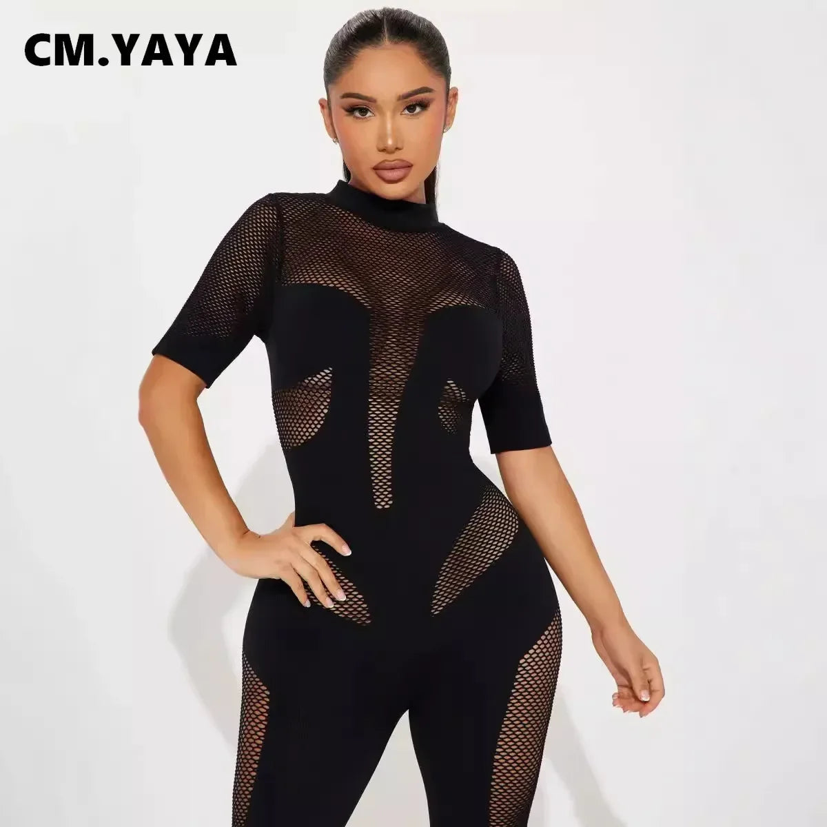 CM.YAYA Short Sleeve Women Mesh Hollow Out O-neck Rompers Jumpsuits 2024 Summer Sleep Night Club Party One Piece Sexy Outfits