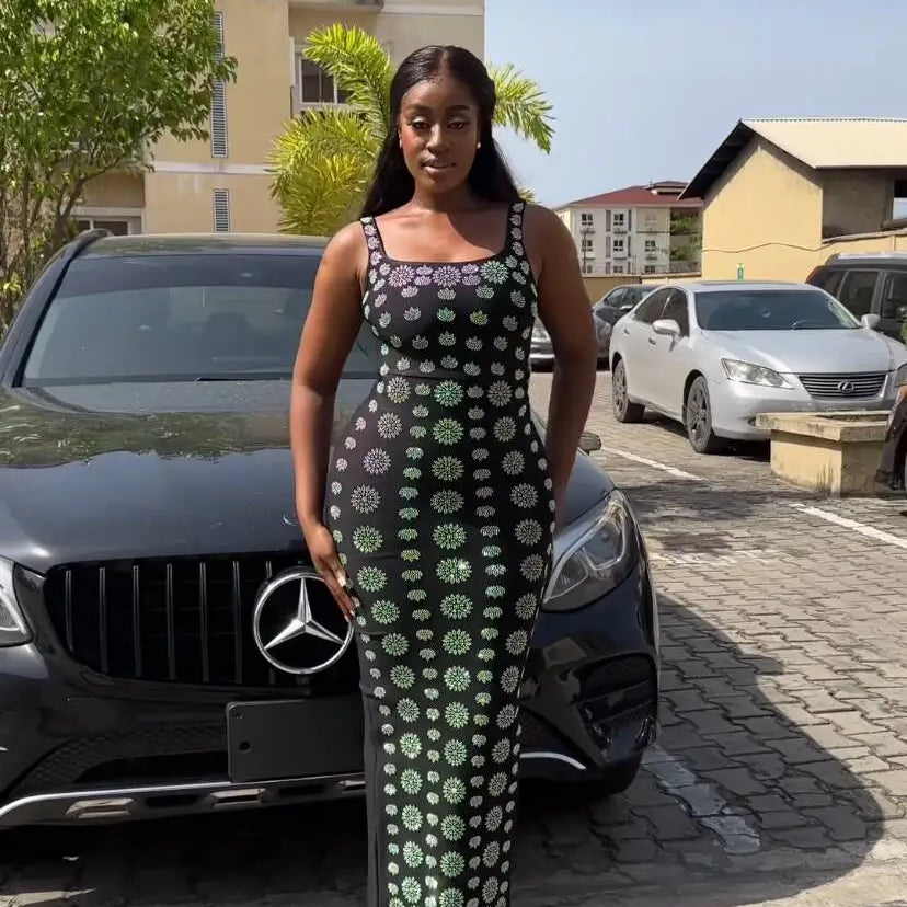 Shinning Rhinestones Women Sleeveless Sexy O-Neck Bodycon Long Bandage Dress Fashion Celebrate Evening Party Cocktail Dress