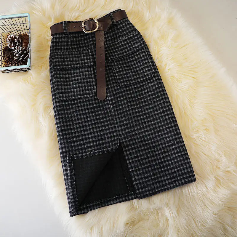 HI-FASHION Woolen Plaid Skirt Female Autumn New High Waist Pocket Split Mid-length Skirts Korean Winter One-step Plus Size Skirt black