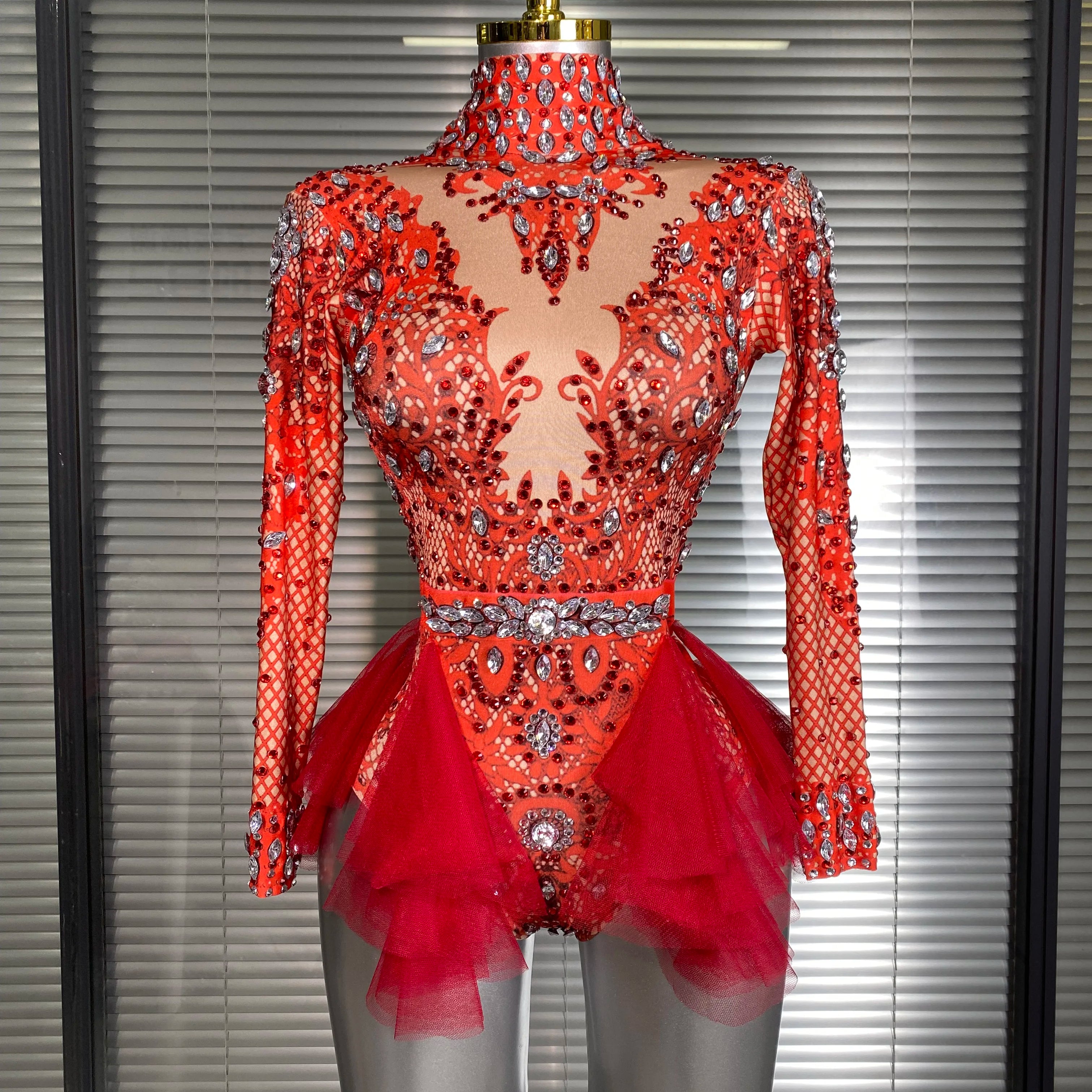 Summer New Women Sexy Skin Red Pink Crystal Stretchy Night Club Singer Dancer Tassel Dancer Stage Costume Party Bodysuit