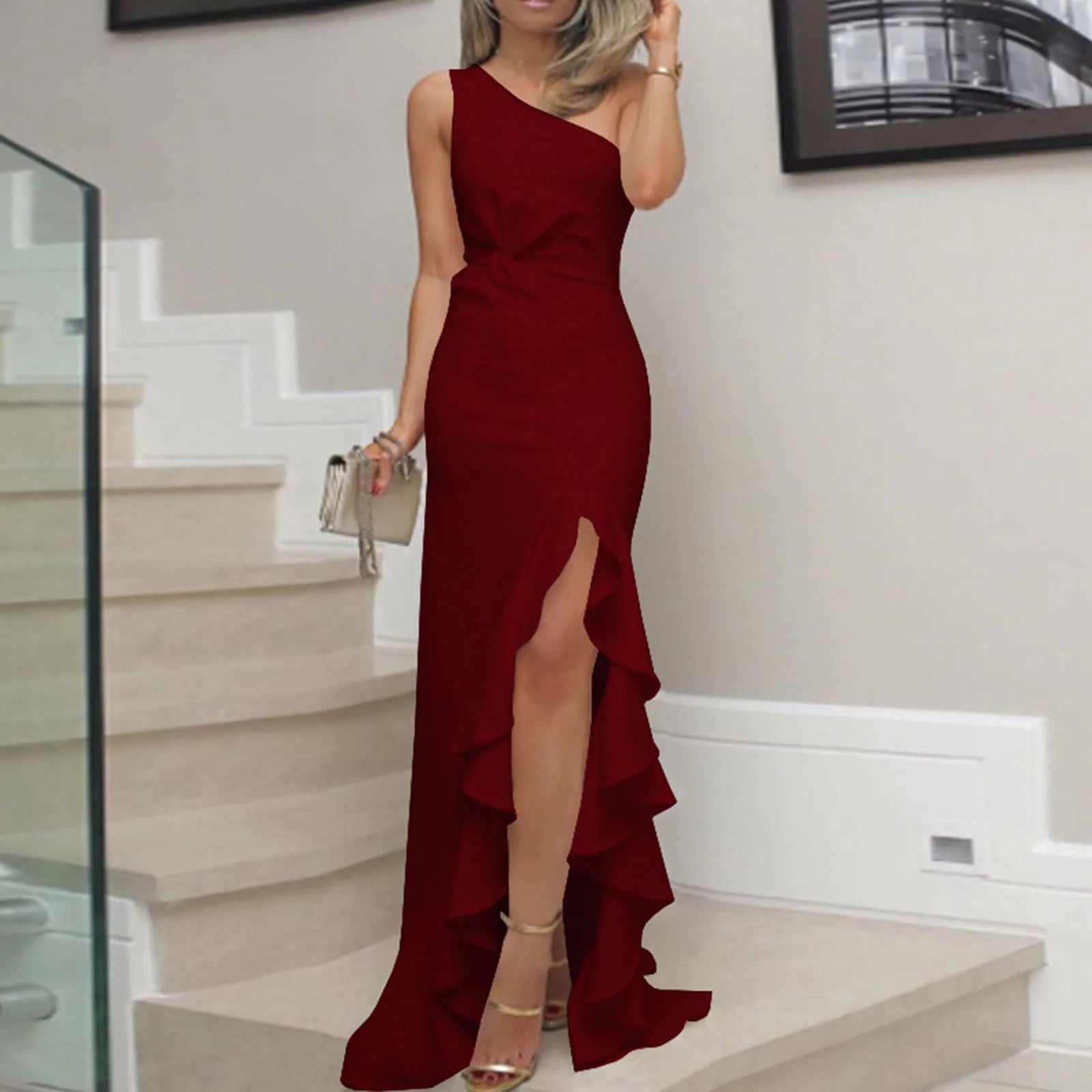 Dress Formal Evening Womens One Shoulder Ruched Ruffle Formal Evening Dressslim Dresses Formal Dresses For Women Cold Shoulder Red