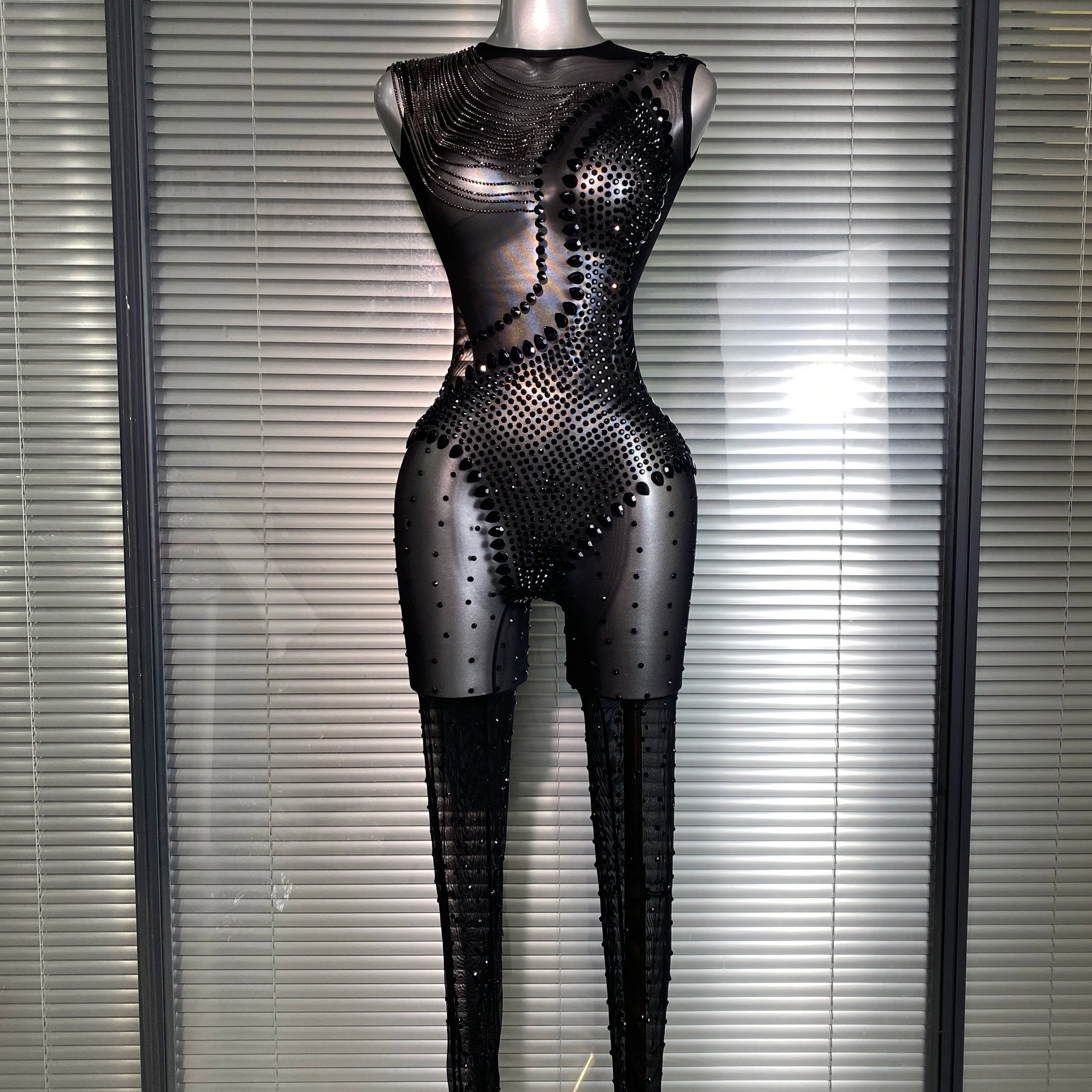 Summer New 2025 Women Sexy Crystal Sheer Black Bodycon Jumpsuit Celebrity Designer Dancer Celebrity Night Club Rompers