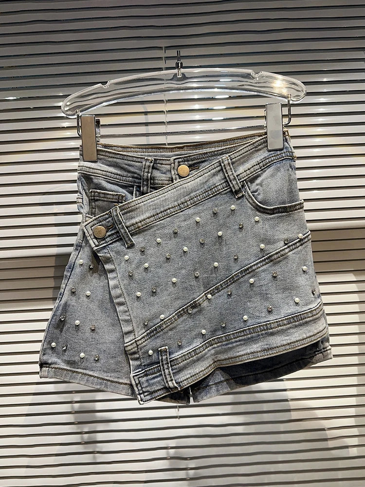 Fashion Women's Denim Skirt New High Waist Irregular Chain Spliced Gray Above Knee Skirts Female Tide Summer