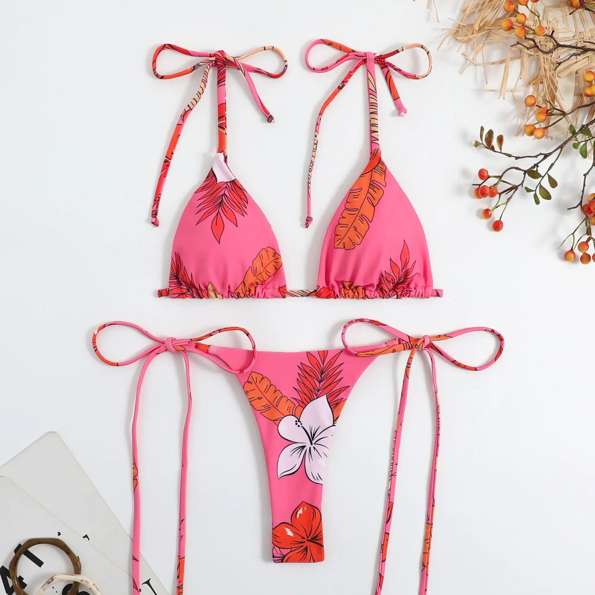 Sexy Flower Print Bikini 3 Women Swimsuit Female Swimwear Thong Bikinis Set Brazilian Halter Beach Wear Bathing Suit Rose