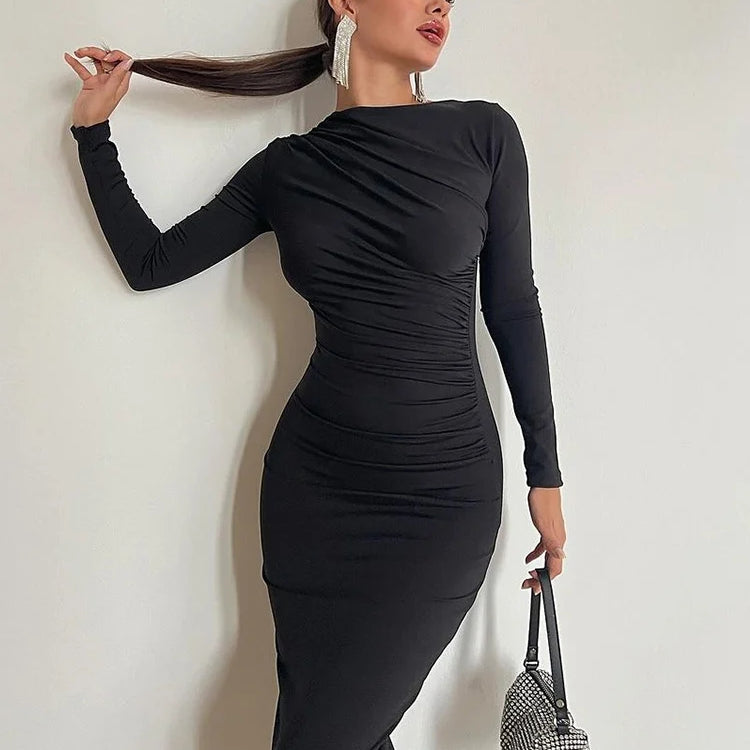 Weird Puss Elegant Temperament Women Maxi Dress Full Sleeve O Neck Zipper Solid Autumn Fashion Bodycon Evening Party Vestidos black