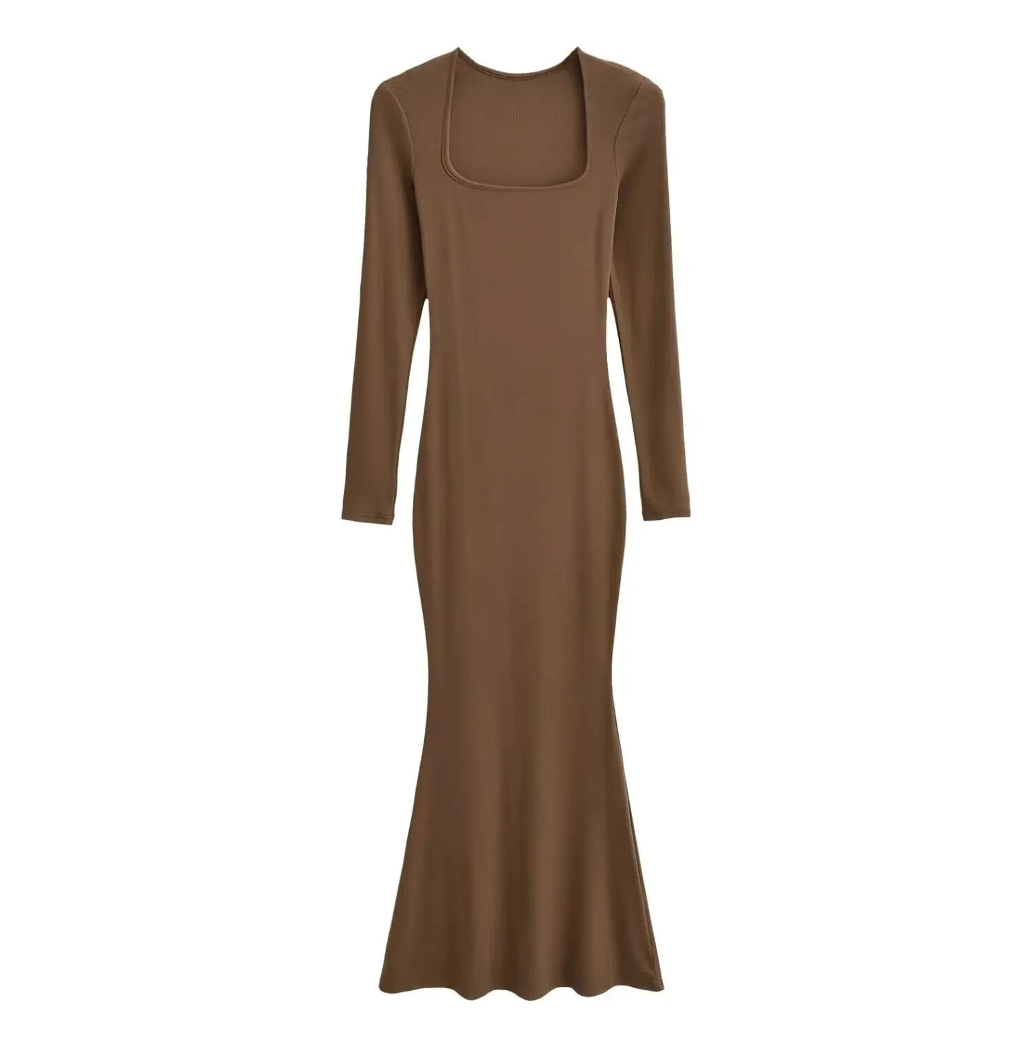 Sexy Square Collar Knitted Cotton Maxi Long Mermaid Dress Women Full Sleeve Stretch Basic Bodycon Fishtail Robe Vestido Coffee