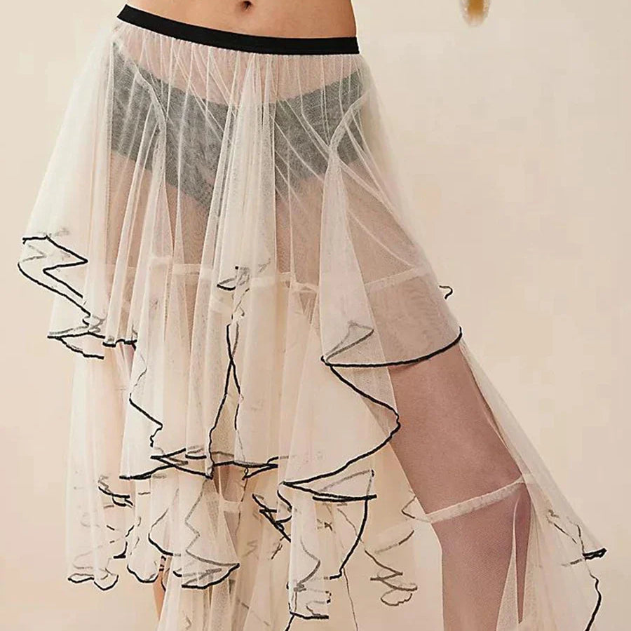 Women Lace Long Skirt Mesh Sheer High Waist Asymmetrical Hem A-line Midi Skirt Y2K Summer Beach Party Maxi Skirts Streetwear
