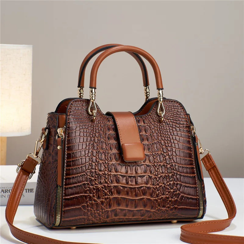 Light Luxury Handbag for Women's Crocodile Pattern Leather Shoulder Crossbody Bags Trend Designer Tote Bag Brown