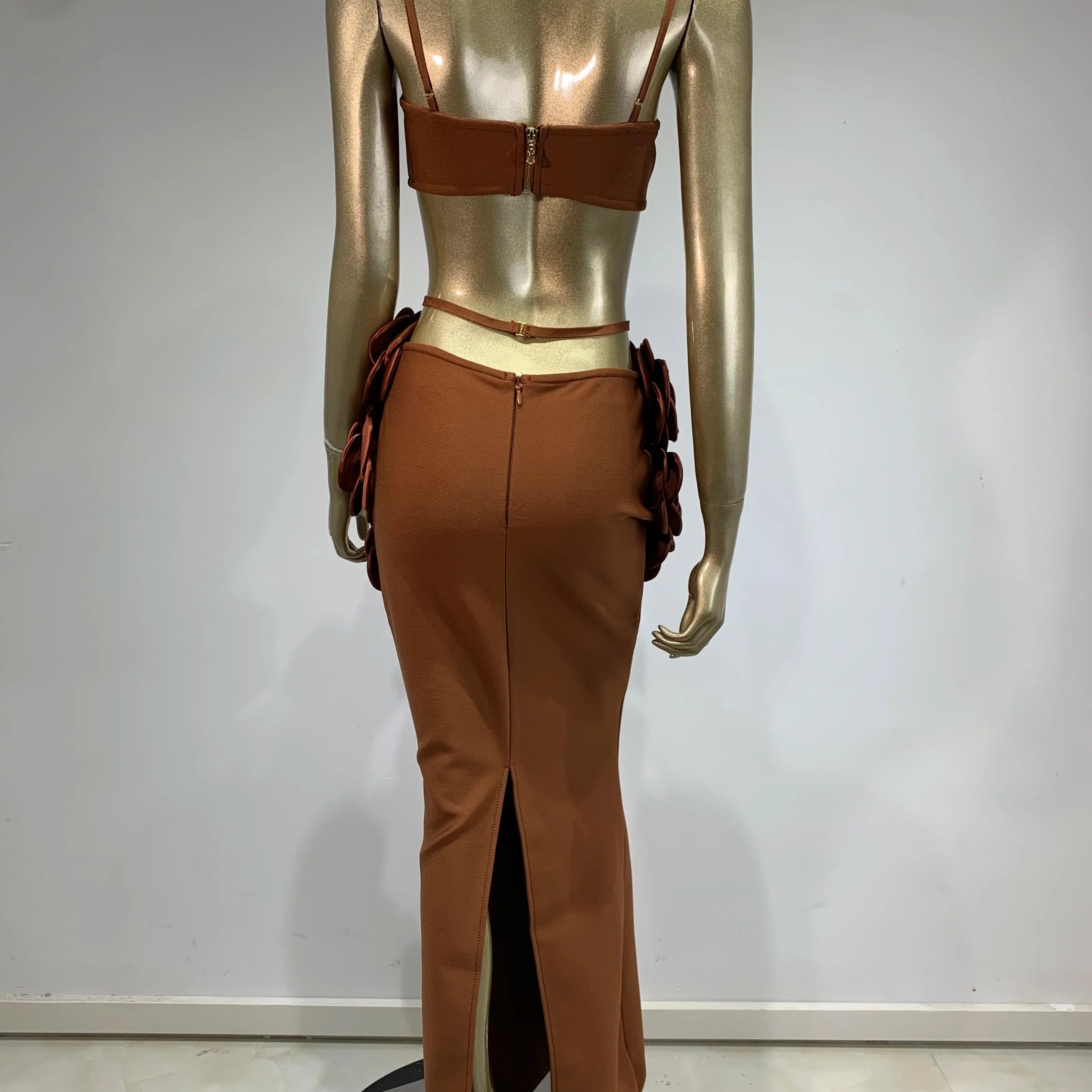 Women Celebrity Sexy Backless Halter Flower Brown Maxi Long Bandage Skirt Set 2025 Knitted Elegant Evening Club Party Clothing