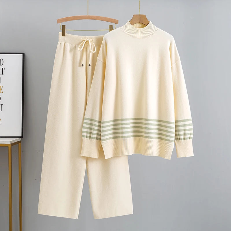 GIGOGOU Euro Designer Autumn Winter Women Sweater Tracksuit 2 piece Set Oversized Ladys Knitwear + Wide Leg Pants Warm Suits