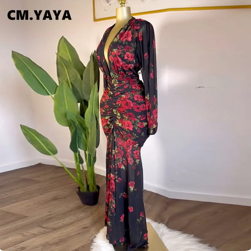 CM.YAYA Women Full Sleeve Floral Print V-neck Elegant Long Dress Ruched Holiday Birthday Evening Sexy Party Dresses Vestidos
