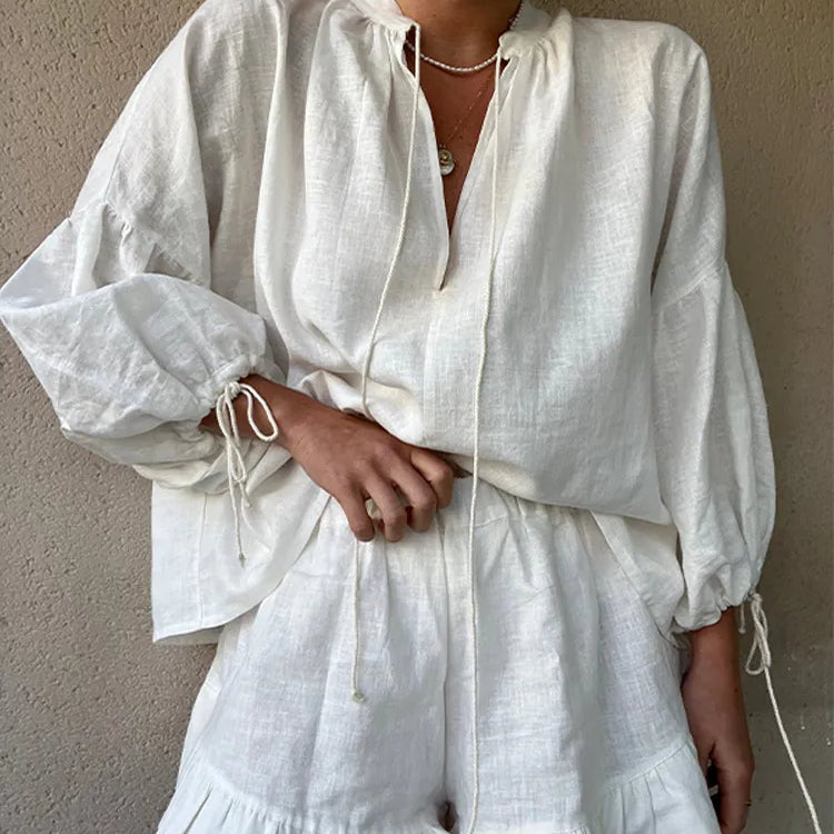 fashion summer cotton linen loose ruffle shorts suits women long sleeve drawstring pullover 2 pieces set casual beach suits White 1