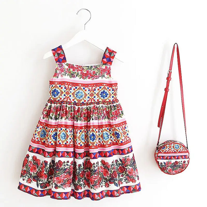 Long Sleeve Dress Girl Dress 2024 Autumn Winter Floral Print Toddler Girl Dresses Kids Clothes Children Dress with Bag