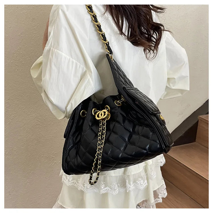 Fashion Quilted Bucket Bag for Women - Simple Chain Crossbody Shoulder Bag, Daily Use Leather Purse