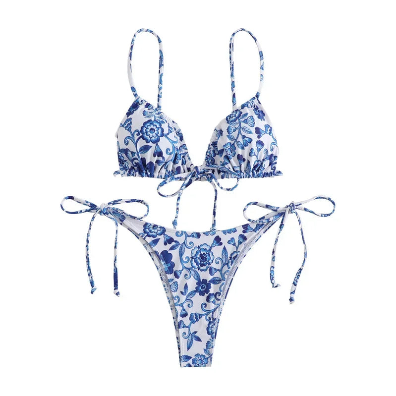 sexy floral print micro bikini blue and white porcelain bikini swimwear swimsuit women biquini thong bikini set bathing suits Blue
