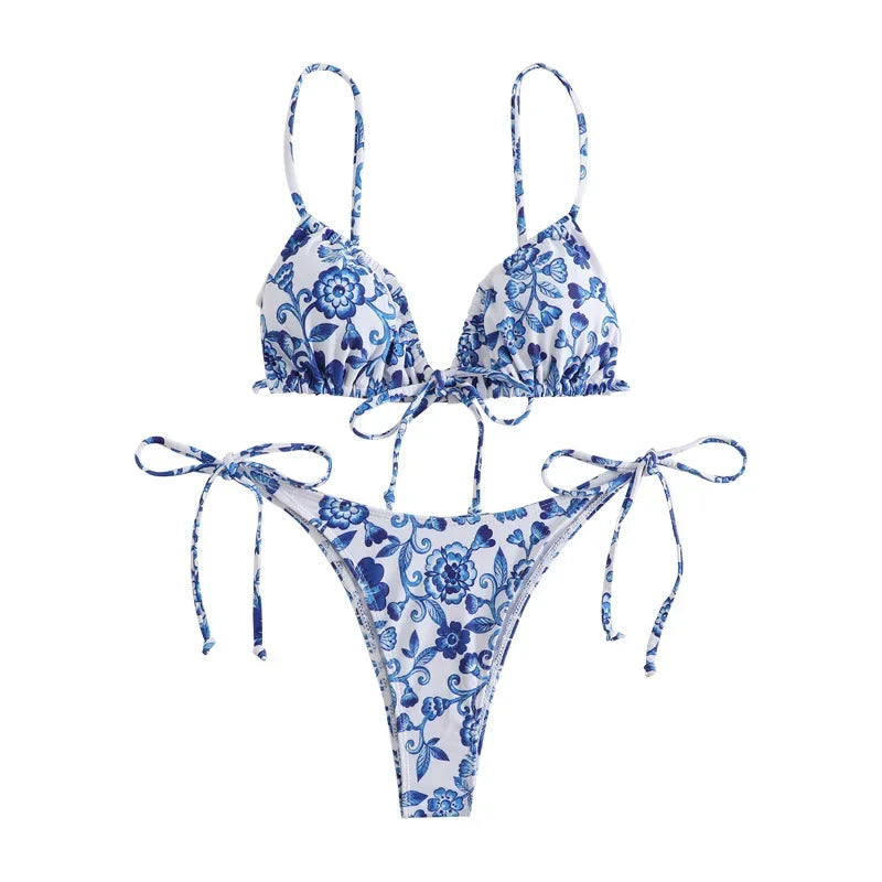 sexy floral print micro bikini blue and white porcelain bikini swimwear swimsuit women biquini thong bikini set bathing suits Blue