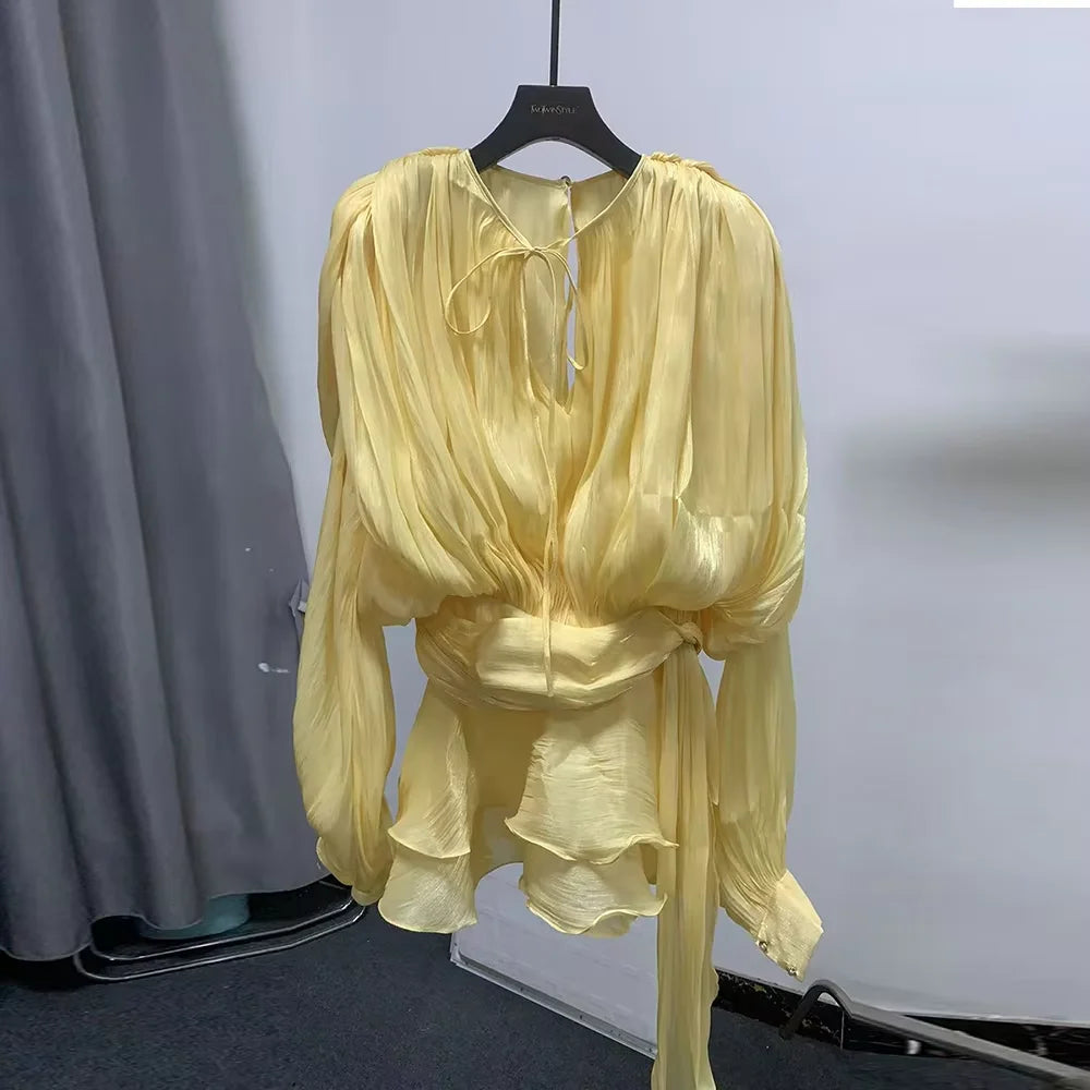 TWOTWINSTYLE Solid Loose Spliced Folds Elegant Dresses for Women Round Neck Long Sleeves Patchwork Lace Up Tunic Dress Female