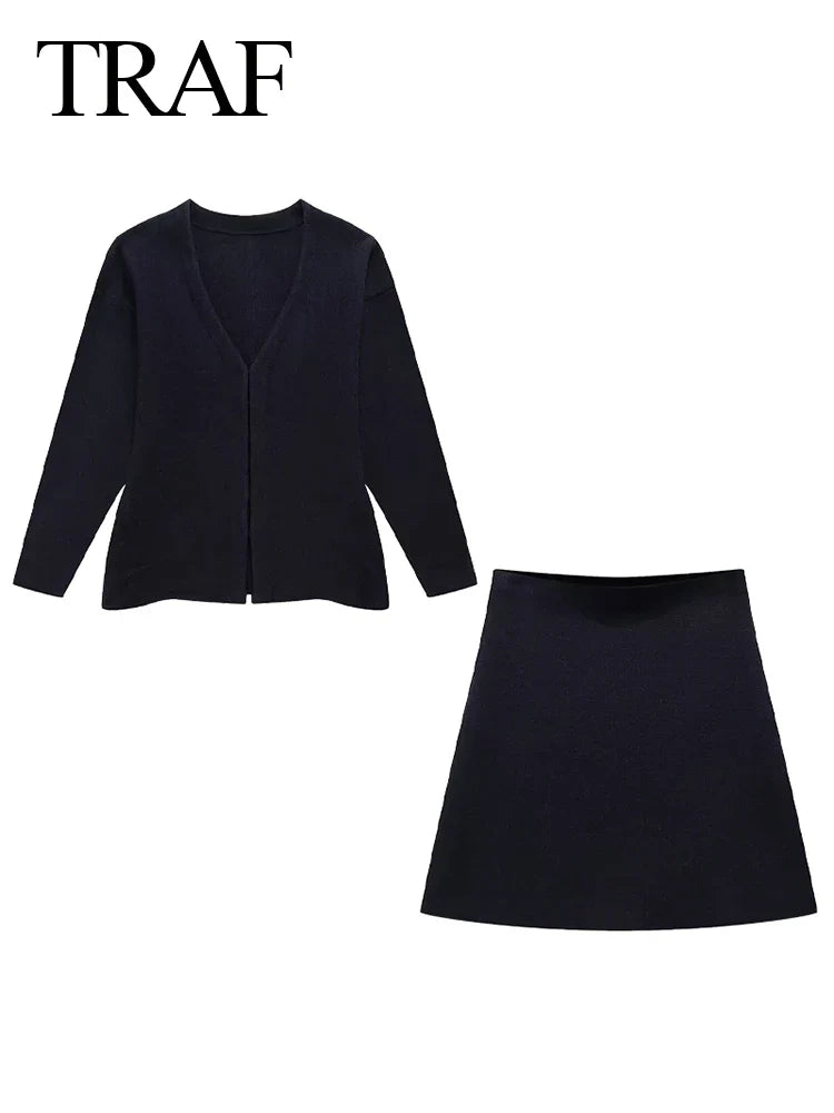 TRAF Spring Women's Suits Solid Grey V-Neck Long Sleeves Cardigan Coat +High Waist Knitted Mini Skirts Female 2 Pieces Sets