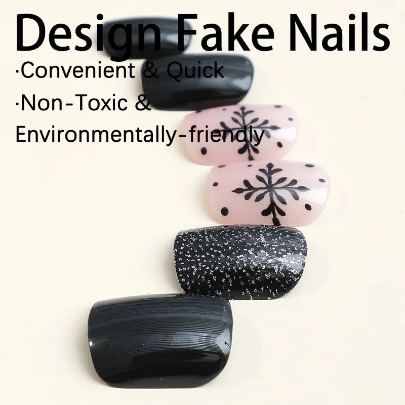 24Pcs Christmas Fake Nails Sweet & Cool Black & White Snowflake Minimalist Press-On Nails Perfect for Gift To Girls and Friends