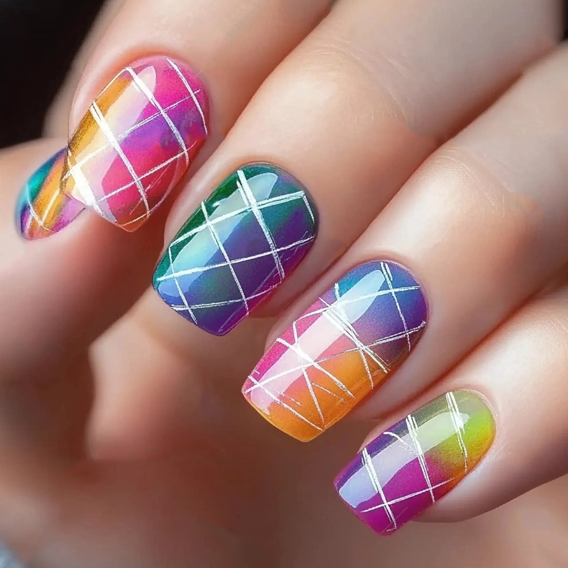 24pcs/set Medium long fake nails for women girls Y2K gradient purple blue yellow green square almond tips press on false nails