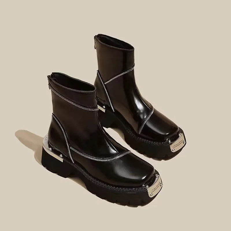 Spring 2024 Women Platform Shoes Mid Heels Brand Chelsea Boots Designer Gladiator Ankle Boots Pumps Punk Motorcycle Botas black