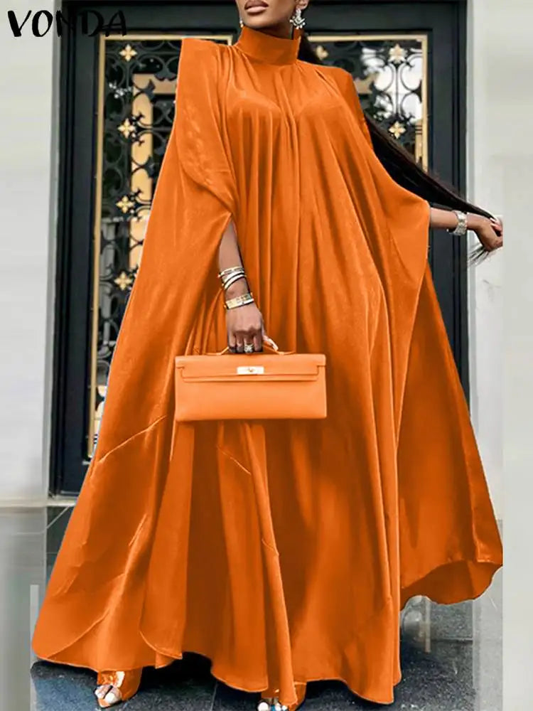5XL Plus Size Women Dress Stand Collar Elegant Satin Dress Long Bat Sleeve Evening Pleated Maxi Sundress Casual Robe Orange