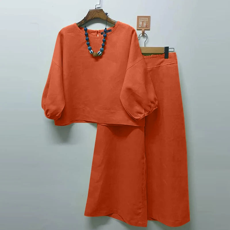 Summer Matching Sets 2PCS Women Urban Tracksuits 3/4 Sleeve O Neck Blouse & Wide Leg Pant Sets Holiday Suit Outfits Orange