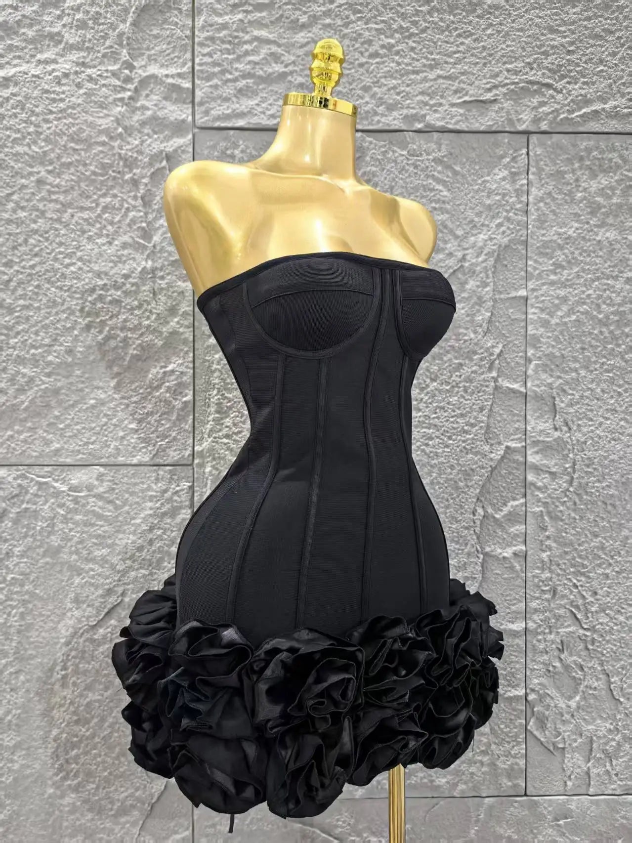 Black Color Women Sexy Strapless Florals Bodycon Mini Ball Gown Bandage Dress Celebrate Nightclub Party Bar Birthday Outfit